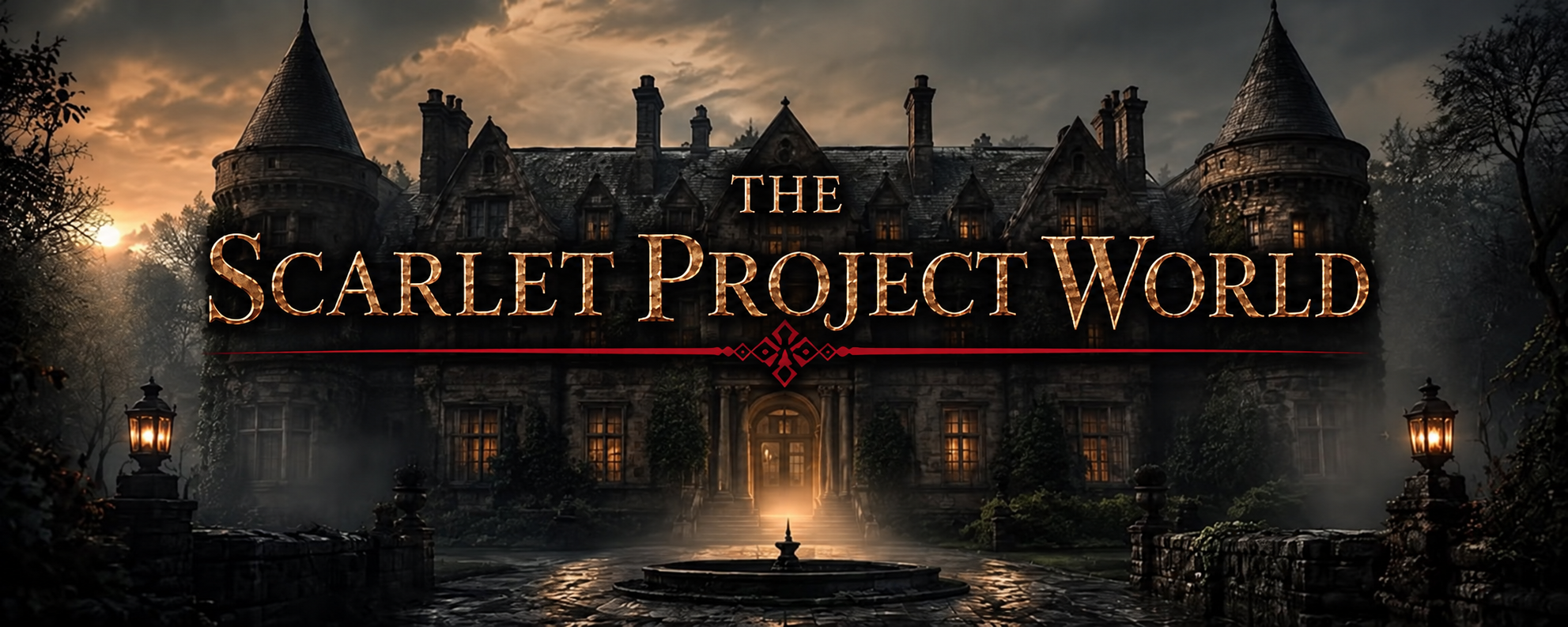 The Scarlet Project World in gold lettering above a red ornament, with a gothic manor at dusk, lanterns, and a fountain.